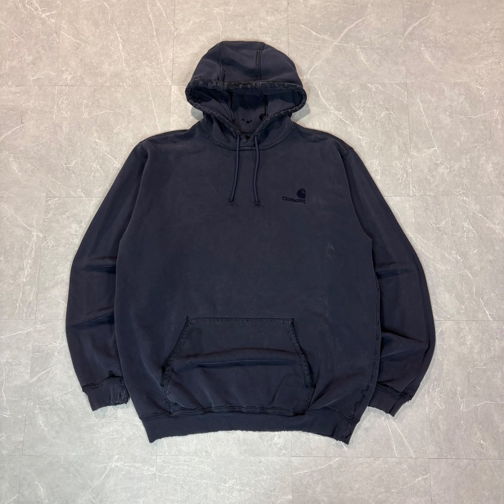 Carhartt Mens XL Tall Distressed Hooded Sweatshirt Faded Navy Blue Logo Hoodie